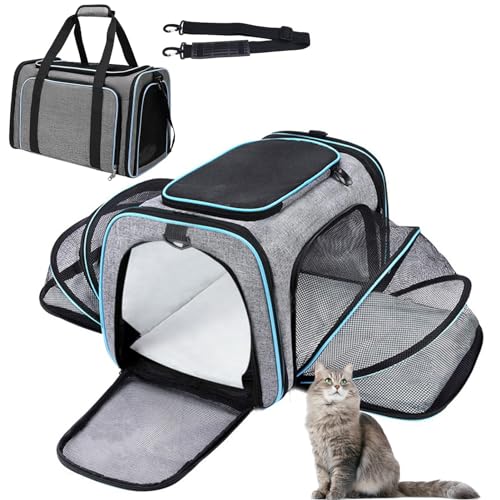 Lohofrnny Transporttasche für Katzen Hunde, Faltbar Tragetasche 4-seitige Erweiterbare, Atmungsaktive katzentasche für Katze, Kleine Hunde im Auto, Fugzeug oder in der Bahn