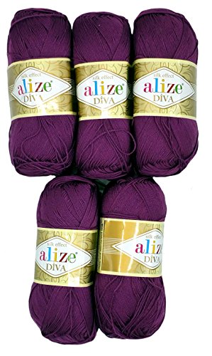 5 x 100 Gramm Wolle Diva Batik einfarbig, 500 Gramm merzerisierte Strickwolle microfiber-Acryl (lila 297)