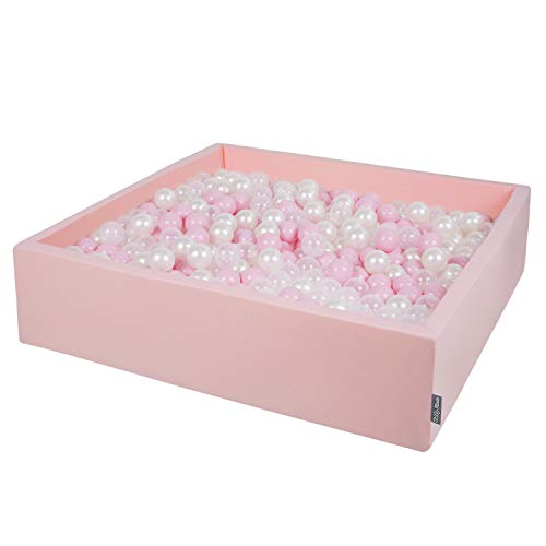 KiddyMoon Bällebad 120X30cm/300 Bälle Groß Quadrat Bällepool Mit Bunten Bällen Für Babys Kinder, Rosa:Puderrosa-Perle-Transparent