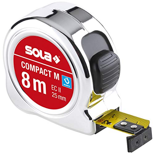 SOLA Bandmaß magnetisch - COMPACT M - 8m / 25mm - Taschenbandmaß mit Gürtelclip - Stahlband, gelb lackiert mit mm Skala - Genauigkeitsklasse II - Rollmeter mit beweglichem Endhaken - Länge 8m/25mm