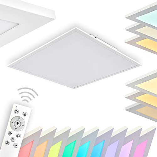 LED Panel Antria, dimmbare Deckenleuchte aus Kunststoff in weiß, Panel mit 42 Watt, 3000 Lumen, 2700-5000 Kelvin, eckiges Deckenpanel mit RGB Farbwechlser und Fernbedienung, flaches Design