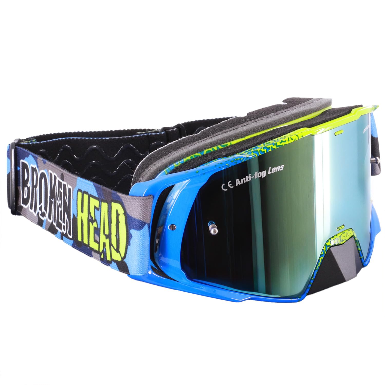 Broken Head Regulator MX Google Blau-Gelb mit verspiegeltem Glas - Motorrad-Brille Für Motocross, Enduro, Downhill, Offroad - Mit UV-Schutz