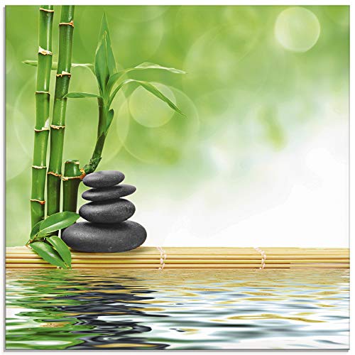 Artland Qualitätsbilder | Glasbilder Deko Glas Bilder 50 x 50 cm Zen Bild mit Basaltsteinen, Lotus und Wasser A6NK