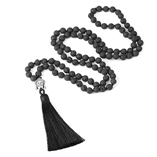 Natürliche schwarze Lava Vulkan 108 Mala Perlen Seide Quaste lange Halsketten tibetischer Buddha Bohemian Tribal Unisex Schmuck