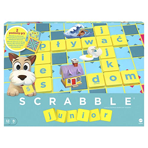 Mattel Games Y9735 - Scrabble Junior – gra słowna dla dzieci z dwoma poziomami zabawy, dla początkujących i zaawansowanych graczy