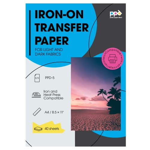PPD 40 x A4 Inkjet Premium Transferpapier Hell/Dunkel, für Bügeleisen und Transferpresse PPD-5-40