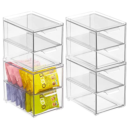 mDesign Schubladenbox mit 2 Schubladen – Stapelbox aus Kunststoff für Küchen- und Kühlschrank – Küchen Organizer für Snacks, Nudeln, Gemüse etc. – 4er-Set – durchsichtig