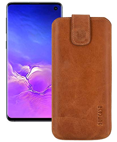 Suncase ECHT Ledertasche Leder Etui *Slim-Edition* kompatibel mit Samsung Galaxy S10 Hülle (mit Rückzugsfunktion und Magnetverschluss) in antik-Cognac