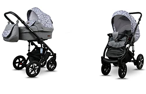 BabyLux Sky Lark 2-in-1 Baby Kinderwagen Tief und Kinderwagen mit Zubehör Verstellbar und faltbar Aluminiumkonstruktion Wasserdicht Nicht abnehmbare Räder Grey Animals Black Frame