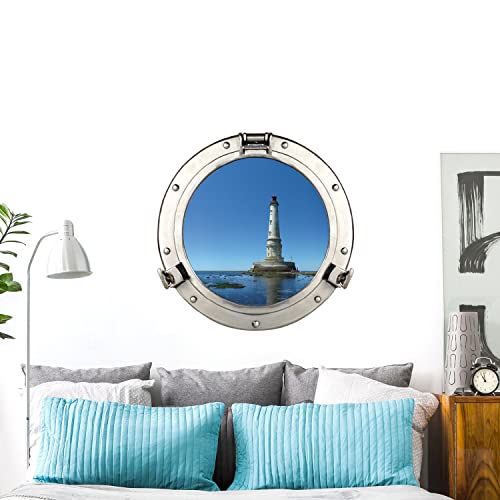 Plage Self Sticker Window Trompe L'Oeil Adhesive (Polystick) -Porthole Cordouan's Lighthouse (60x75 cm), Vinyl, Colorful, 75 x 0.1 x 60 cm