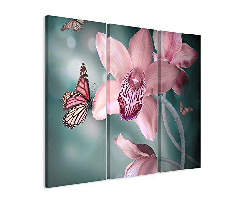 Unique 3 teiliges Bild Bilder gesamt 130x90cm traumhaftes Natur Bild – Rosa Orchideen mit rosa Schmetterlingen