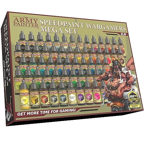 The Army Painter Speedpaint Wargarmers Mega Set 2.0, 60 Acrylfarbflaschen 18ml inkl. Medium, Metallics und Modellpinsel für Kunststoff-Miniaturen Warhammer 40k und DND