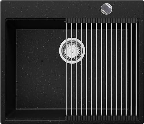 Granitspüle Schwarz Metallic 59x50 cm, Spülbecken + Ablauf-Set (Drehknopf), Küchenspüle für 60er Unterschrank, Einbauspüle von Primagran