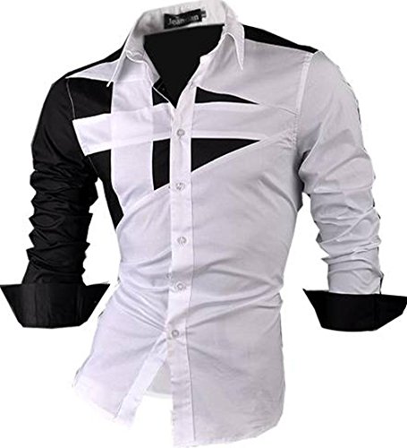 jeansian Herren Freizeit Hemden Shirt Tops Mode Langarmshirts Slim Fit 8397 White XL