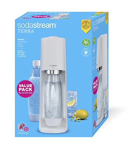 Sodastream Wassersprudler Terra White Value Pack x2 mit 2 geschmolzenen Flaschen, spülmaschinenfest, 1 Liter und 1 CO2-Zylinder Quick Connect zum Gasieren von bis zu 60 l