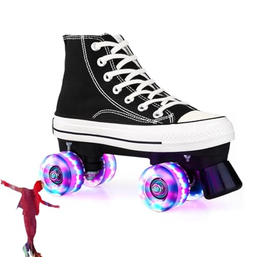 WING Rollschuhe für Damen und Herren, Discoroller Erwachsene komfortable LED Rollerskates Quad Skating Outdoor für Mädchen und Jungen,Schwarz,40