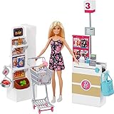 Barbie-Puppe, Supermarkt Barbie-Puppe mit blonden Haaren, Einkaufswagen, Kasse, Lebensmittelgeschäft Kasse, Einkaufstasche, Spielzeug Lebensmittel, Barbie Accessoires, Geschenke für Kinder 3 und älter,FRP01