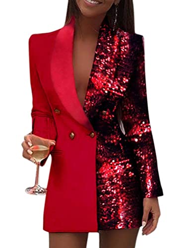 Minetom Damen Blazer Kleid Frauen Elegant Langarm V-Ausschnitt Hemdkleid Business Lange Knopf Anzug Spleißen Glitzer Minikleider Rot 36