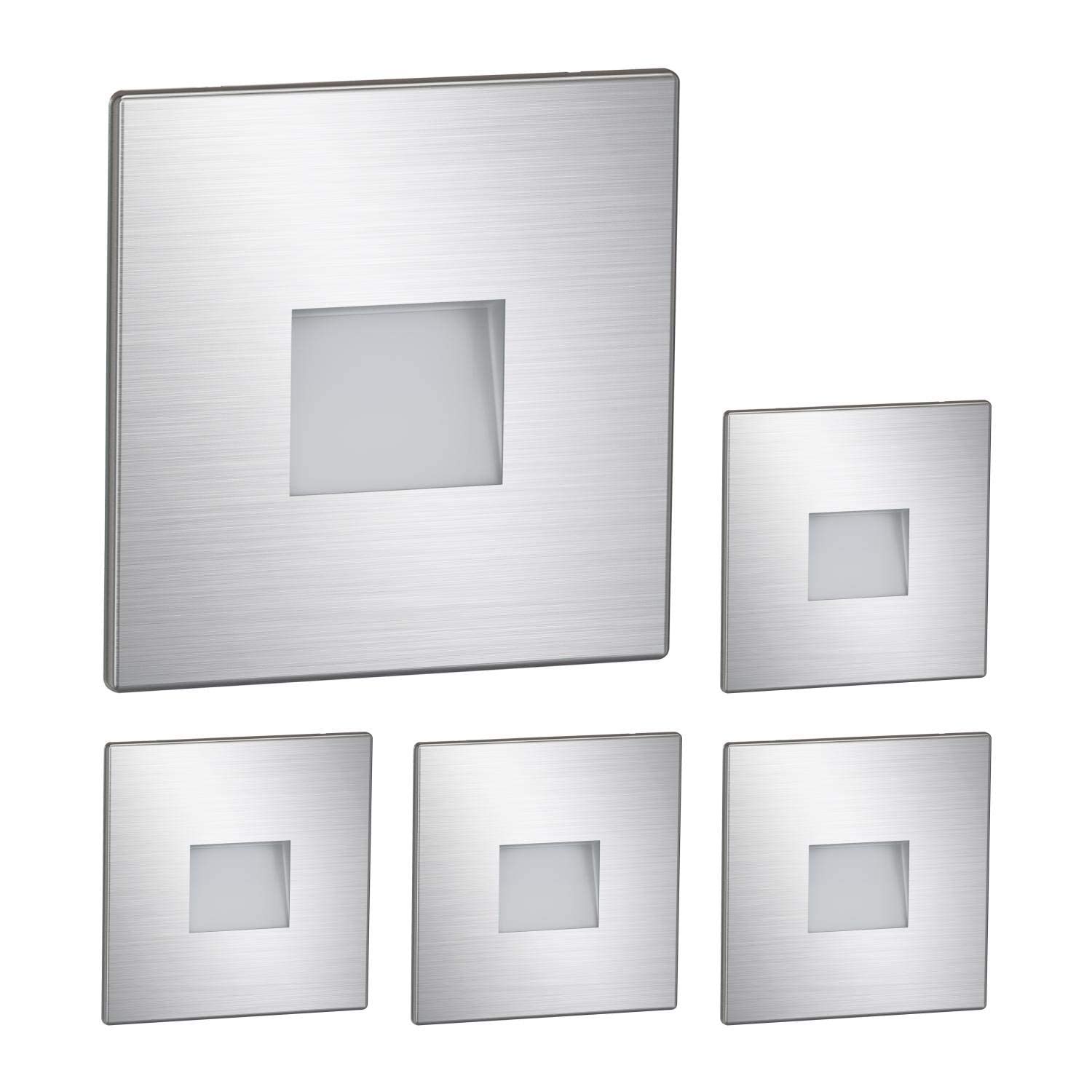 ledscom.de 5 Stück LED Treppenlicht/Wandeinbauleuchte FOW für innen und außen, Downlight, eckig, edelstahl, 85 x 85mm, kaltweiß