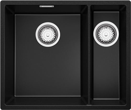 Unterbauspüle Schwarz 56 x 47 cm, Granitspüle 1,5 Becken + Ablauf-Set, Spülbecken ab 60er Unterschrank, Küchenspüle von Primagran