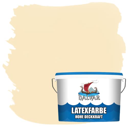 Halvar Latexfarbe hohe Deckkraft Weiß & 100 Farbtöne - abwischbare Wandfarbe für Küche, Bad & Wohnraum Geruchsarm, Abwischbar & Weichmacherfrei (10 L, Elfenbein)