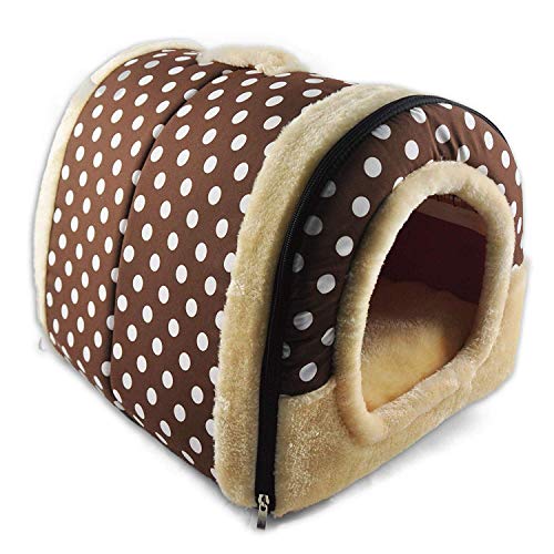 ECOSWAY 2 in 1 Doppelfunktion Haustier Nest, Abnehmbare und Waschbar Hund Katze Kaninchen Warm Haustier Haus, Innen Tragbar rutschfest Klappbar Weich Matratze Haustier Betten - Braun Weiß Punkte, L