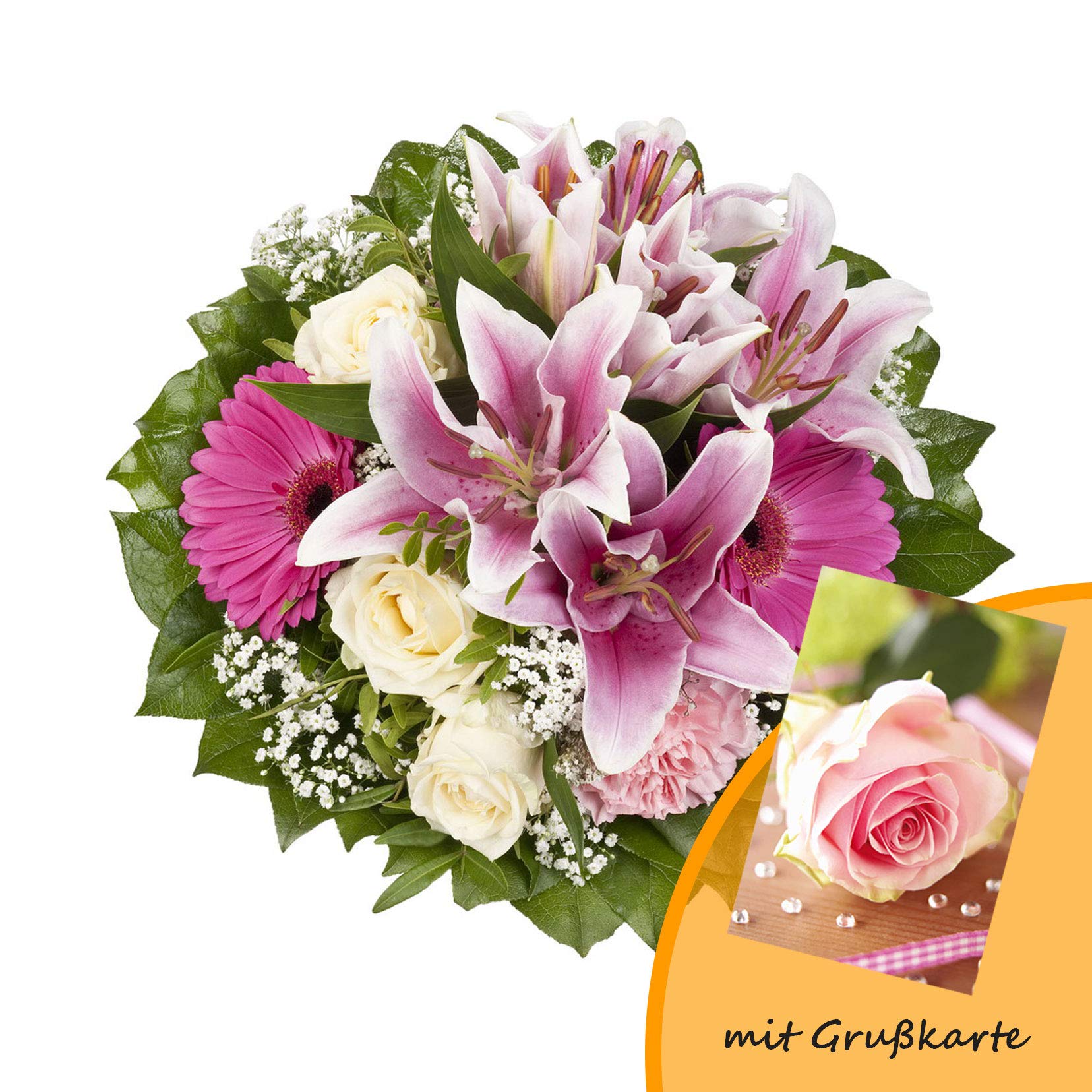Dominik Blumen und Pflanzen, Blumenstrauß "Laura" mit rosa Lilien, Rosen und Gerbera und Grußkarte "Rosen"