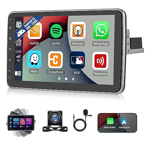 【2+32GB】 Single Din Android 13 vertikal drehbares Autoradio mit Carplay Android Auto, 10.1 Zoll HD Touchscreen Multimedia Players with GPS WiFi Bluetooth FM/RDS Hi-Fi SWC+Rear View Camera & Mic