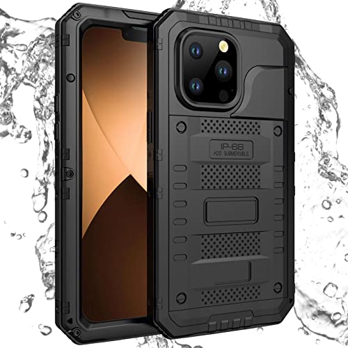 LOXO CASE Handyhülle für iPhone 14/14 Plus/14 Pro/14 Pro Max, IP68 Wasserfeste [Staubdicht] Metall hybrid Silikon Gehäuse Wasserabweisende Hülle mit Eingebautem Displayschutz,Black,iPhone14 Pro