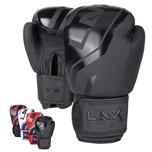 LNX Boxhandschuhe Level 5" - 8 10 12 14 16 Oz - perfekt für Kickboxen Boxen Muay Thai K1 MMA Kampfsport UVM ultimatte Black (004) 12 Oz