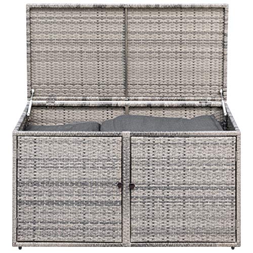 Funktions Kissenbox RIVA 120x60x64cm, Metall + Polyrattan grau, mit Deckel und zwei Türen, innen zwei Ebenen