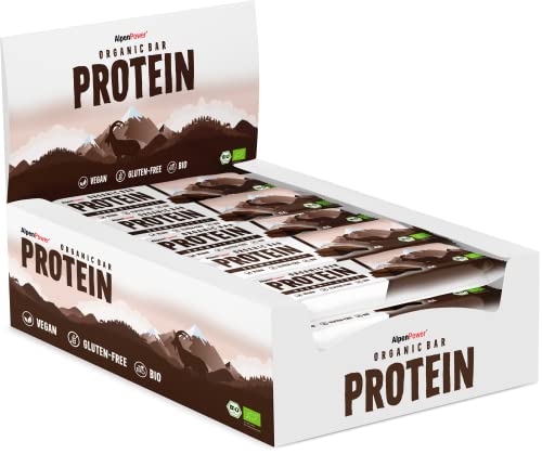 AlpenPower Bio Veganer Proteinriegel Brownie Style 16 x 45 g - 100% Natürlicher Bio-Proteinriegel ohne künstl. Zusatzstoffe - Vegan, glutenfrei, laktosefrei - Box mit 16 Riegeln