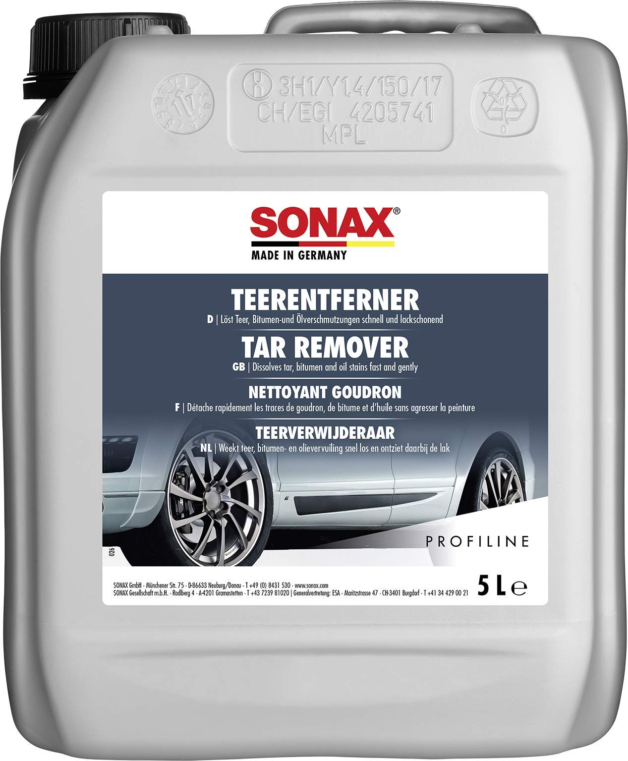 SONAX PROFILINE TeerEntferner (5 Liter) löst schonend und gründlich hartnäckige Verschmutzungen wie Teer- und Ölflecken von Lack und Chrom | Art-Nr. 03045050