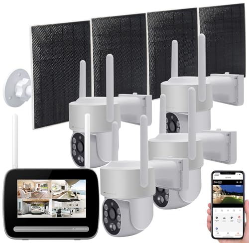 VisorTech Kamera Sicherheitssystem: Funk-Überwachungs-Set: Rekorder mit 4X 2K-PT-Solar-Kamera, App (Überwachungskamera Sets außen, Kamera Überwachungssysteme)