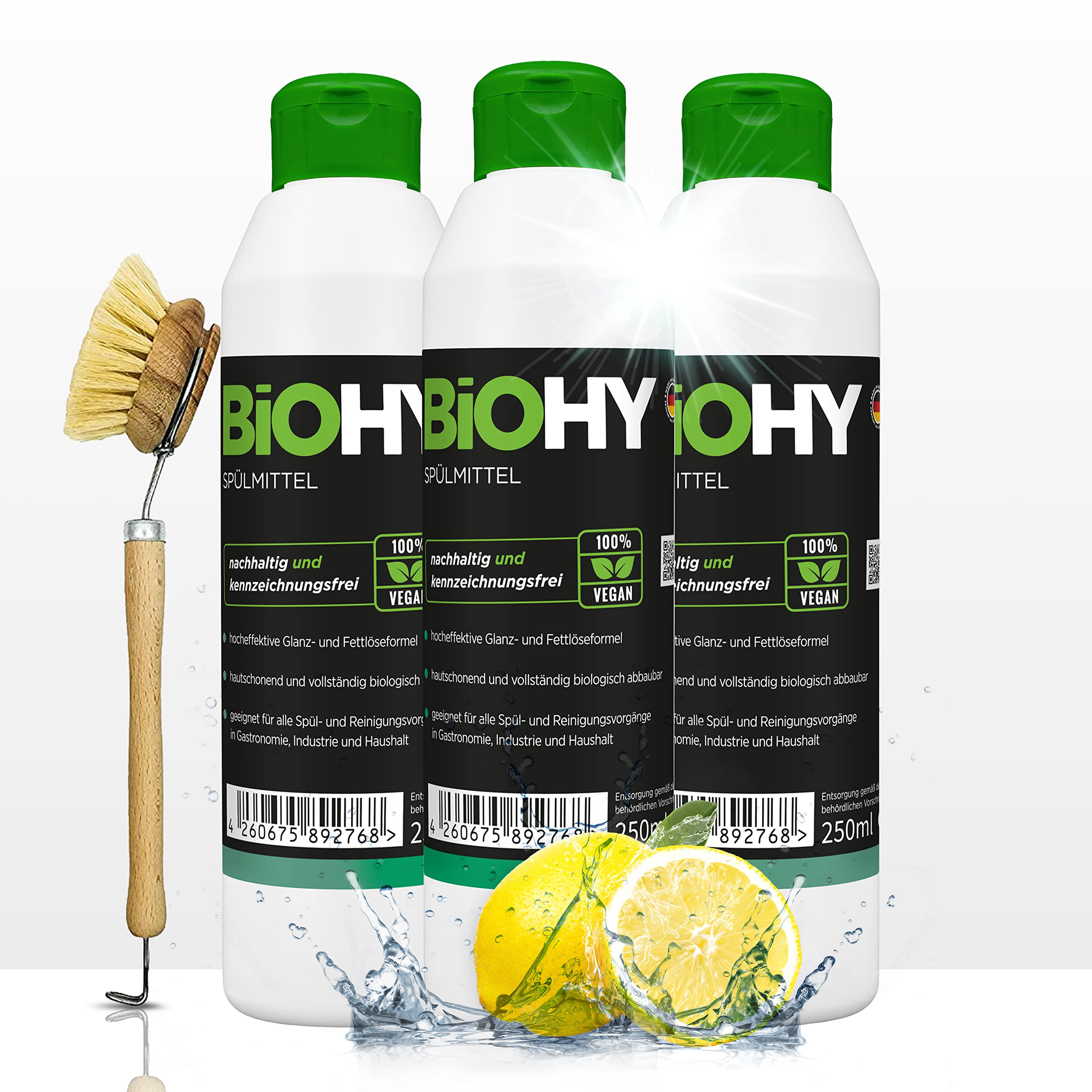 BiOHY Spülmittel (3 x 250ml) + Spülbürste | Bio Geschirrspülmittel ohne schädliche Chemikalien | Flüssiger Fettlöser für frischen Glanz | ideal für Spülmittelspender | biologisch abbaubar