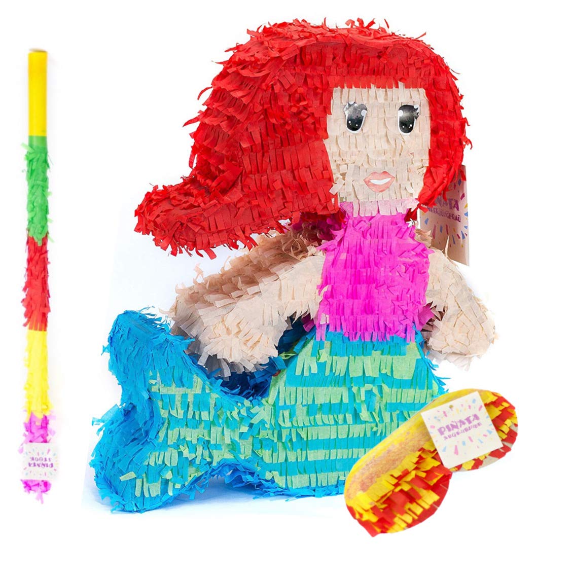 Trendario Meerjungfrau Pinata Set, Pinjatta + Stab + Augenmaske, Ideal zum Befüllen mit Süßigkeiten und Geschenken - Piñata für Kindergeburtstag Spiel, Geschenkidee, Party, Hochzeit