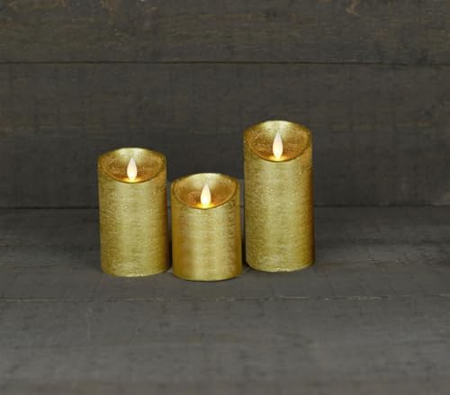 Coen Bakker 3er Set Kerze LED Echtwachskerze 10 cm + 12,5 cm + 15 cm Kerze Ø 7,5 cm viele Farben mit Timer flackender Docht Wachskerze Kerzen, Farbe:Gold
