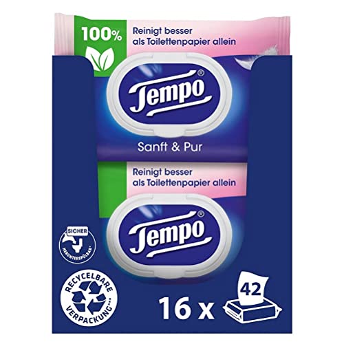 Tempo Sanft & Pur feuchtes Toilettenpapier, Riesenpackung, 16 Stück mit je 42 Tüchern