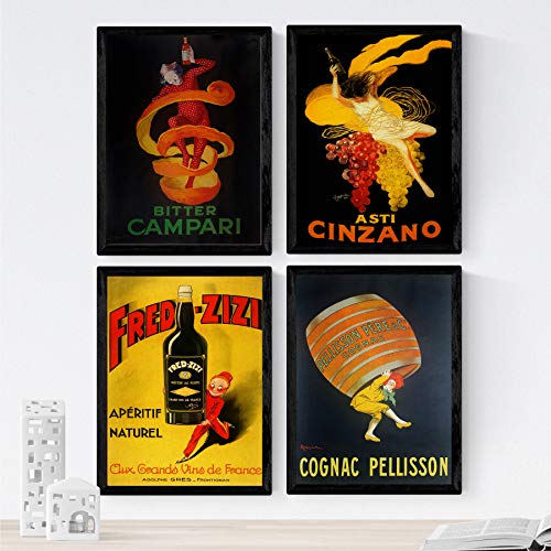 Nacnic Poster Jahrgang. Alte Plakate mit Anzeigen. Vier Vintage Alkohol Plakate. Campari, Cinzano, Cognac. A3 Größe
