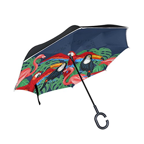 ISAOA Gro?er Regenschirm, umgekehrt, winddicht, doppellagige Konstruktion, umgekehrt, faltbarer Regenschirm f¨¹r Autoregen im Freien, C-f?rmiger Griff, selbststehend, bunte V?gel, Flamingo-Regenschirm