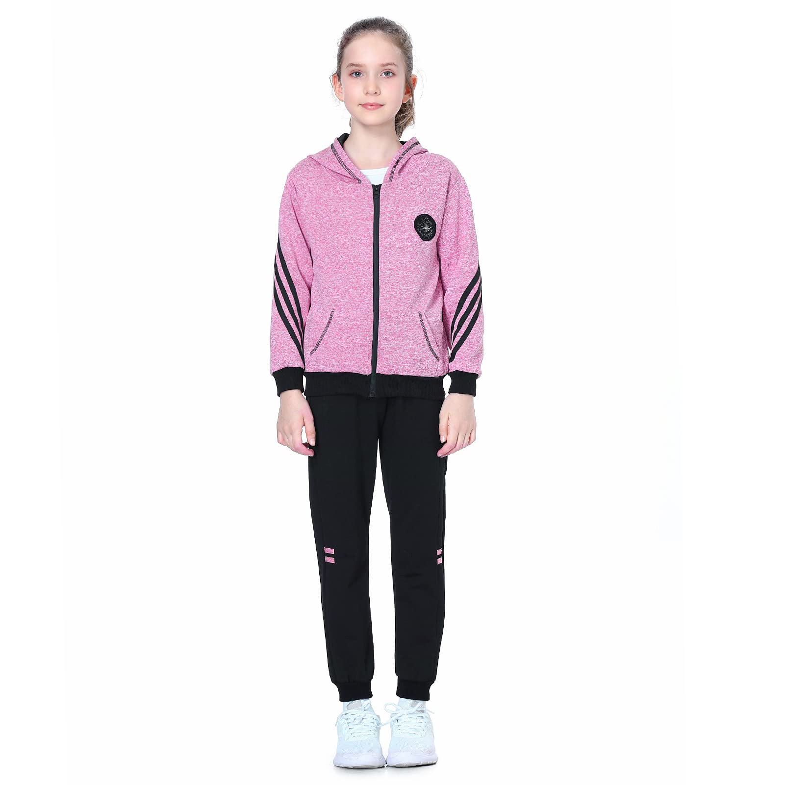 L PATTERN Kinder Mädchen 2tlg Bekleidungsset Zweiteiler Sportanzug Trainingsanzug Jogginganzug Freizeitanzug Outfit-Set(Kapuzenjacke+ Trainingshose), Pink(2-Teilig), 140