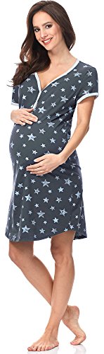 Italian Fashion IF Nachthemd Damen Geburt Stillnachthemd Mutterschaft Schwangerschaft Nachtwäsche Umstandsmode mit Durchgehender Knopfleiste geburtshemd für Schwangere (XL, Graphite/Blau)