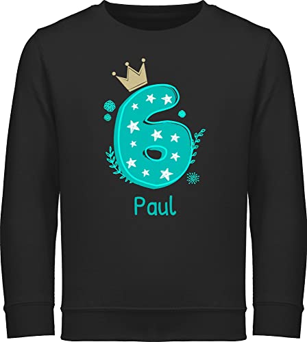 Sweater Kinder Sweatshirt Jungen Mädchen Pullover personalisiert mit Namen - 6. Geburtstag - 6 mit Krone und Name - 128 (7/8 Jahre) - Schwarz - sechster Pulli 6.Geburtstag Junge sechs - JH030K