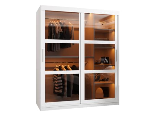 Mirjan24 Kleiderschrank Destio mit glastüren, Schwebetürenschrank mit Rauchglas, Schiebetürenschrank mit einlegeböden und Stange, Garderobe (Modell 150, mit Schubladen, Weiß)