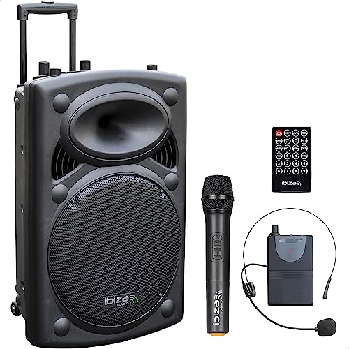 Ibiza Light & Sound PORT15UHF-BT Mobile Sound 15 Zoll, 800 W Beschallungsanlage/DJ Box mit Bluetooth, USB, Akku, 2x UHF Mikro und Radio
