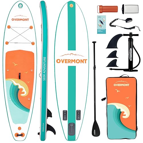 Overmont SUP Aufblasbares Stand Up Paddle Board Set mit Paddleboard Zubehör, einschließlich Verstellbares Paddel, Pumpe, Abnehmbarer Flosse, Surfboard Leash, wasserdichter Taschenrucksack