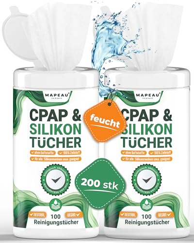 2 x 100 CPAP Reinigungstücher für Sauerstoffmasken Mapeau Wipes, Reinigung von Silikon Produkten, Gummi und Soft-Touch, duftfrei ohne Alkohol (2)