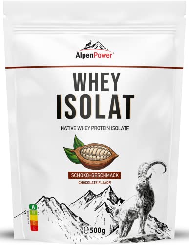 AlpenPower Native Whey Protein ISOLAT Schoko 500 g - 100% natürliche Zutaten, ohne Süßstoffe - Hochwertiges CFM Eiweißpulver aus bester Alpenmilch