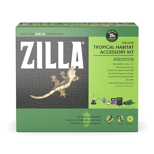 Zilla Pet Reptile Tropical Terrarium Habitat Zubehör-Set mit Beleuchtung, Heizmatte, Bodeneinlage, Feuchtigkeits- und Temperaturanzeige und Omnivore Leckereien