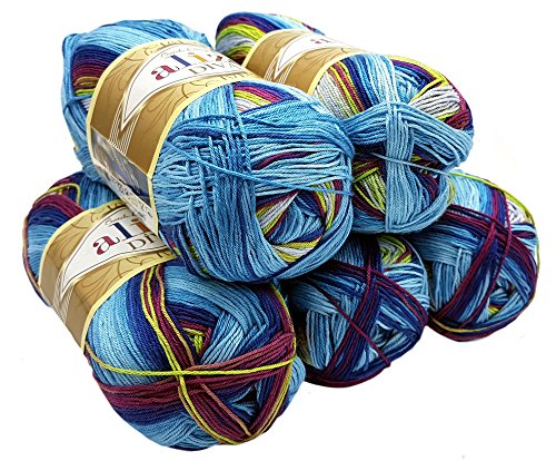Alize 5 x 100 Gramm Diva Batik Wolle Mehrfarbig mit Farbverlauf, 500 Gramm merzerisierte Strickwolle Microfiber-Acryl (Beere blau gelb 6790)